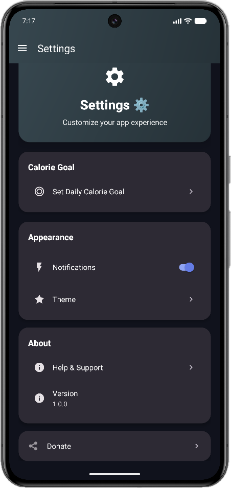 CalCal settings screen where the daily calorie goal is set